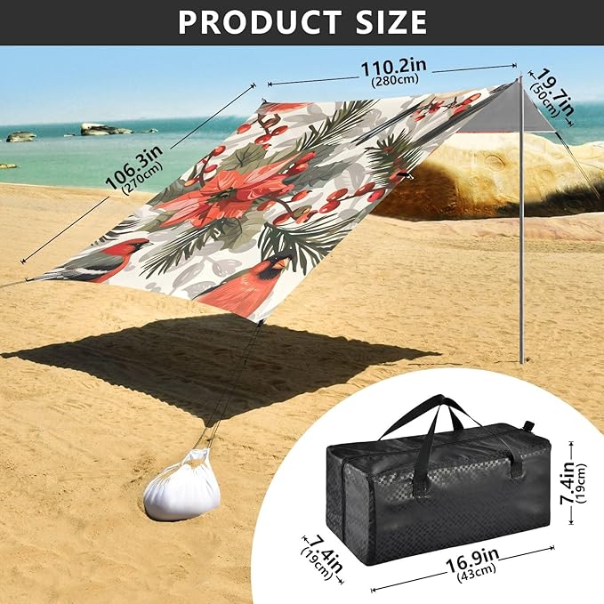 ALAZA Poinsettia Cardinal Bird Beach Tent Sun Shelter UPF50+ Protection Beach Shade Canopy w/ 4 Sandbags for Outdoor Camping Fishing Backyard Fun Picnic 10x9 ft