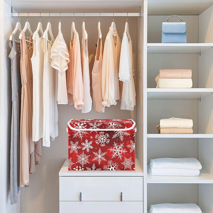 senya Christmas Baskets Collapsible Storage Bins with Lids Christmas Red Pattern with Snowflakes Flower Storage Boxes Clothes Baskets for Organizing