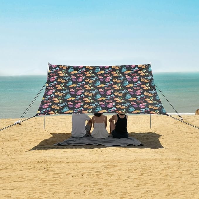 ALAZA Colorful Butterfly Beach Tent Sun Shelter UPF50+ Protection Beach Shade Canopy w/ 4 Sandbags for Outdoor Camping Fishing Backyard Fun Picnic 10x9 ft