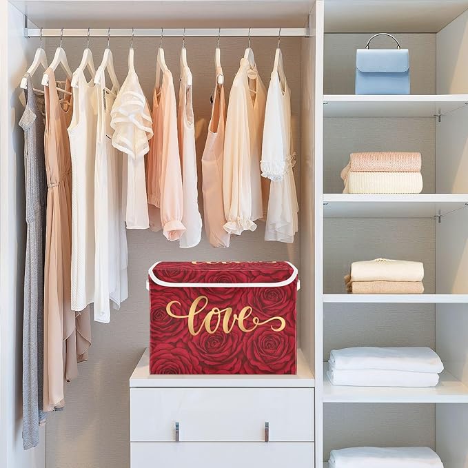 senya Valentines Baskets Collapsible Storage Bins with Lids Love on Romantic Rose Storage Boxes Clothes Baskets for Organizing