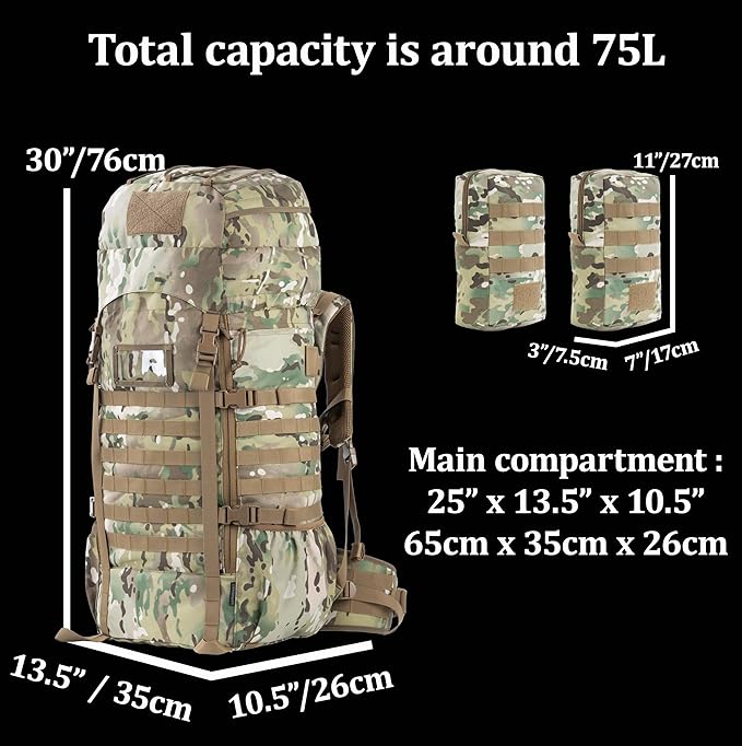 75L Tactical Backpack with Internal Frame MOLLE and Hydration System