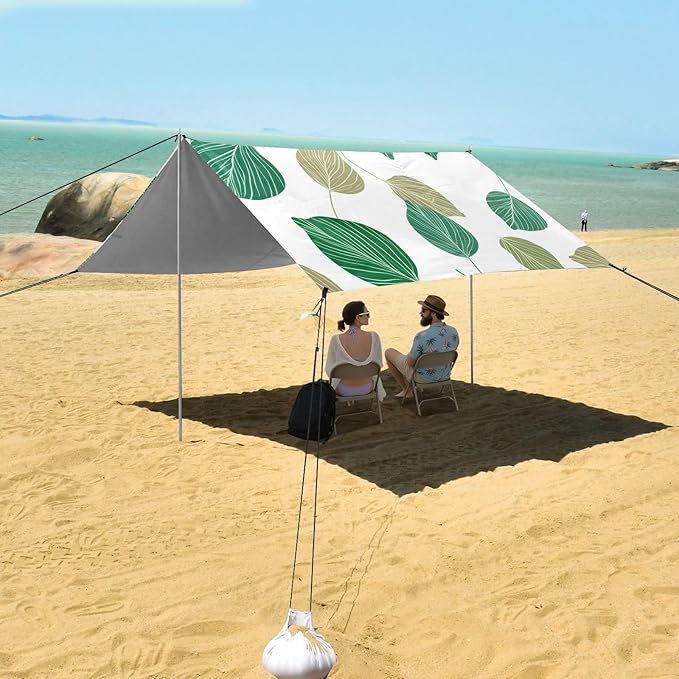 xigua Eucalyptus Leaves Beach Tent Sun Shelter with Carrying Bag - Silver Coated Oxford Fabric Beach Canopy for Beach Camping Fishing - Includes Windproof Ropes Sandbags &amp Stakes