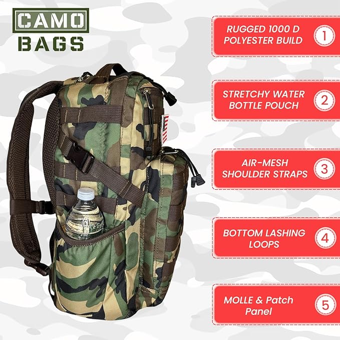 Camo Tactical Daypack Backpack - 1000D Polyester Tactical Backpack with Multi Compartments Air-Mesh Padded Back Side Compression &amp Adjustable Shoulder Straps - Travel Backpack Use for Outdoor &a