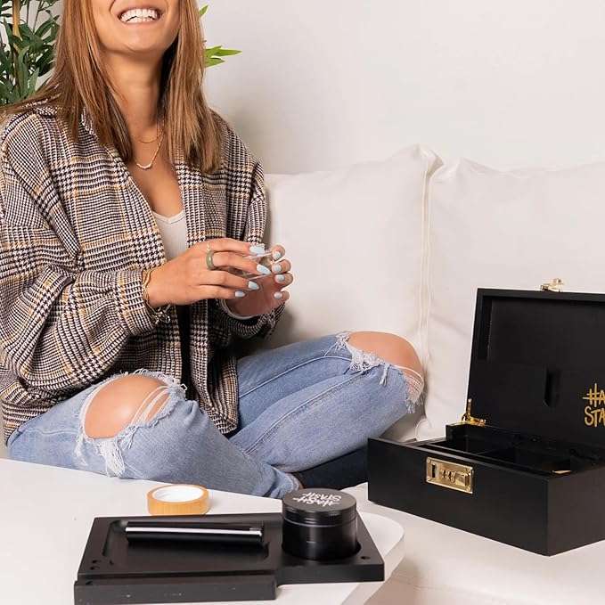 HASHSTASH The OG Storage Box - Large Bamboo Box with Combination Lock Magnetic Lid Organizer Tray Airtight Tube and 3 Jars - Discreet Decorative Locking Wooden Box with Accessories (Black/Gold)