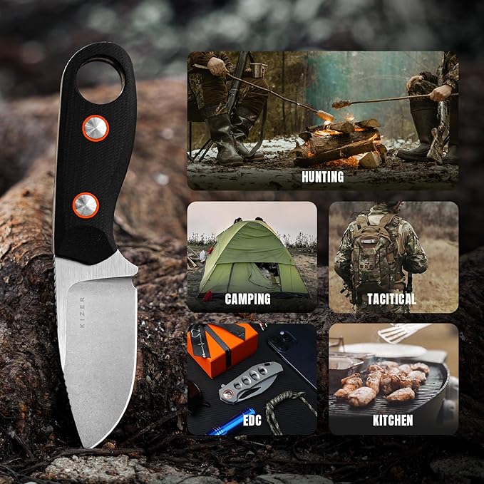 Kizer Beaver Fixed Blade Knife with Sheath 2.75 Nitro-V Blade EDC Fixed Blade Camping Knife with Black G10 Handle Small Bushcraft Survival Knives Outdoor Hunting Knives for Men Women 1078M1