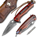 Damascus steel multifunctional EDC folding knife with self assembling pocket clip lining lock leather sheath one piece disassembly pocket knife