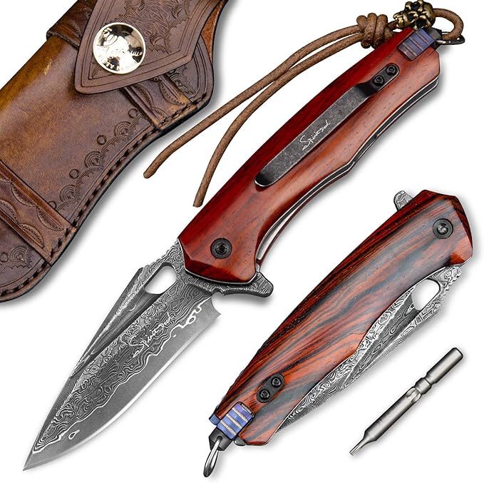 Damascus steel multifunctional EDC folding knife with self assembling pocket clip lining lock leather sheath one piece disassembly pocket knife