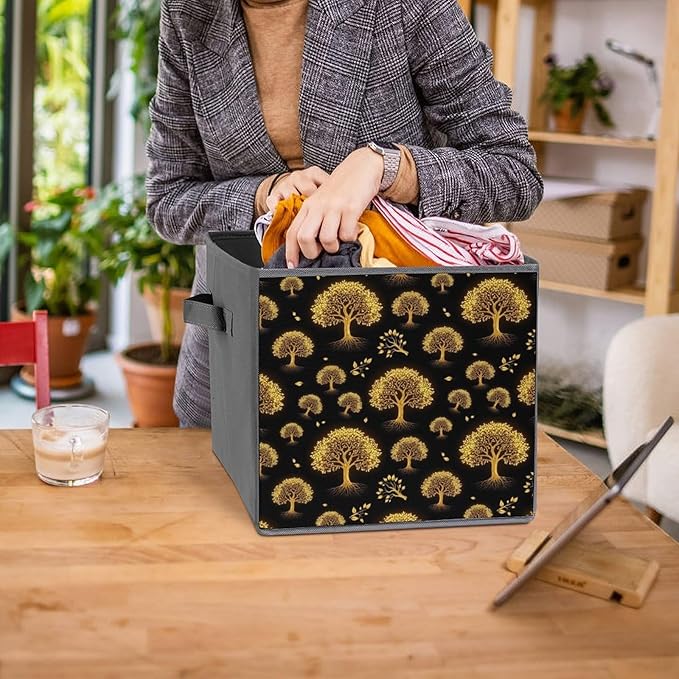 Collapsible Storage Bins with Handles Gold Black Tree Life Celtic Art Foldable Cube Organizer Box for Closet Shelf Toy Storage Space-Saving Home &amp Office Decor
