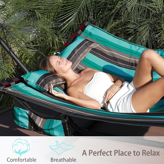 TegerDeger 12FT 2 Person Hammock Large Hammock 450LB Capacity with V Shaped Hardwood Spreader Bar &amp Nylon Rope for Outside Patio Garden Backyard Beach Poolside - Teal Stripes