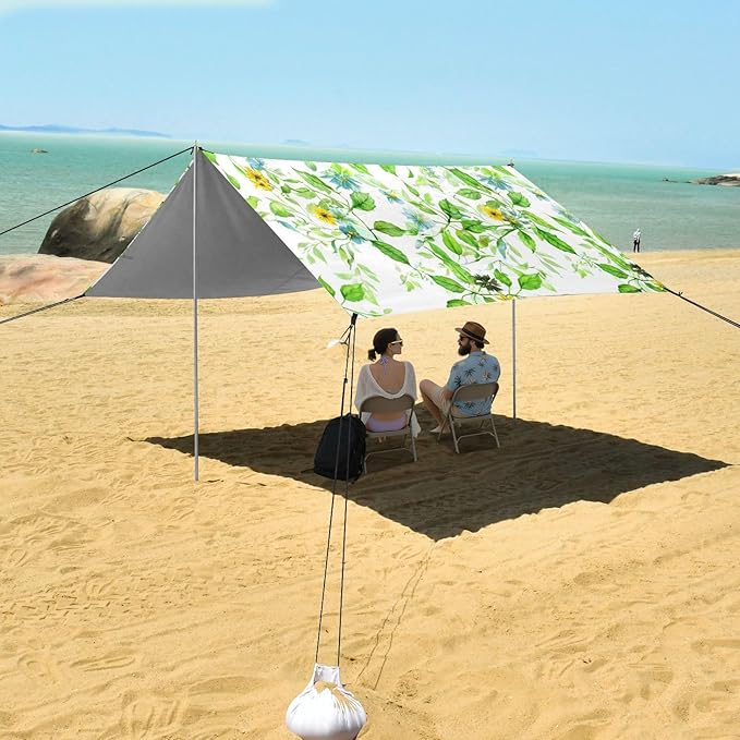 xigua Leave Beach Tent Sun Shelter with Carrying Bag - Silver Coated Oxford Fabric Beach Canopy for Beach Camping Fishing - Includes Windproof Ropes Sandbags &amp Stakes