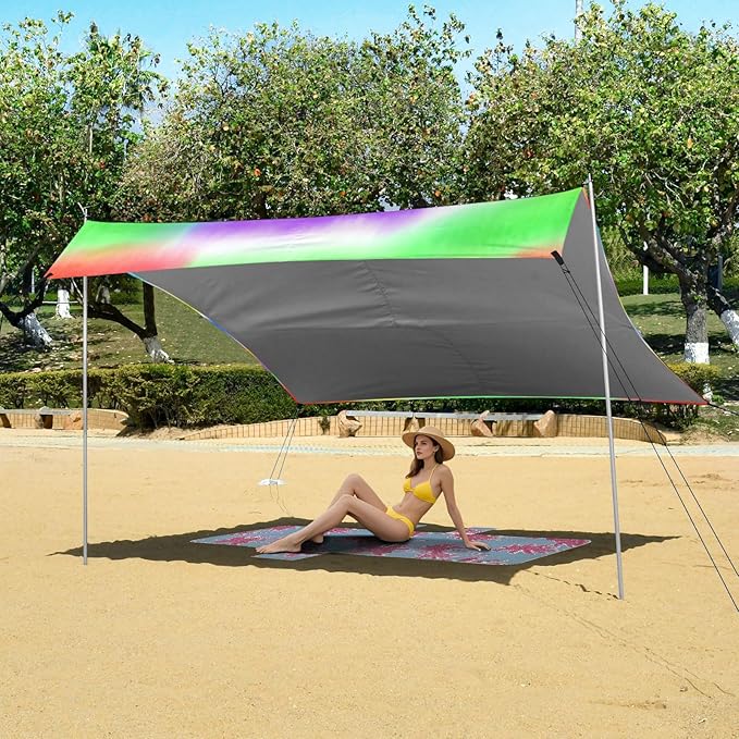Beach Canopy with Windproof Ropes &amp Sandbags Beach Tent Sun Shade Sun Shelter for Camping Trips Fishing Backyard Fun or Picnics Rainbow Stripes