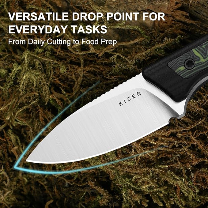 Kizer Whiskey Jack Fixed Blade Knife 2.06 Drop Point AEB-L Blade Hunting Knife with Kydex Sheath Black &amp Green G10 &amp Damascus G10 Handle EDC Knives for Camping Survival 1108A3