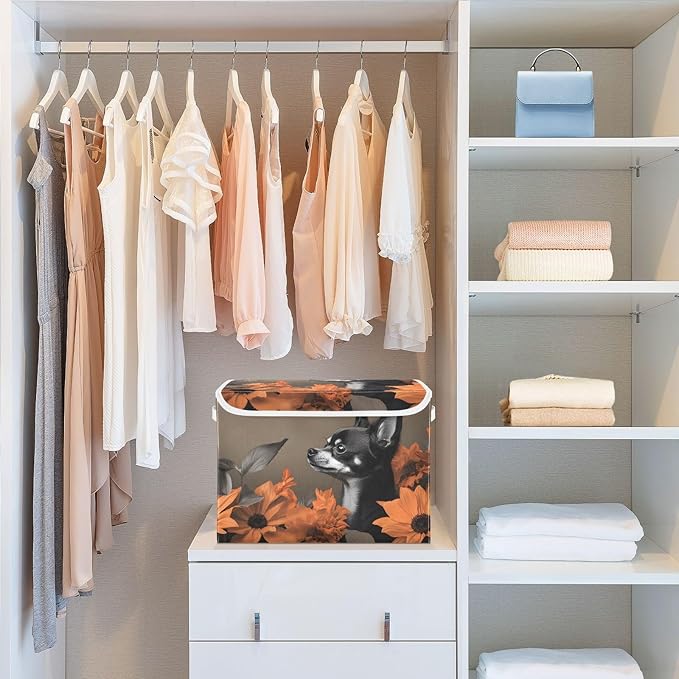 AIXIWAWA Lidded Storage Cube (Little Dog Flower) Fabric Foldable Closet Bins with Flip Lid and Handles Organizer Basket Container 16.5 x 12.6 x 11.8 IN