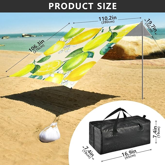 Beach Canopy with Windproof Ropes &amp Sandbags Beach Tent Sun Shade Sun Shelter for Camping Trips Fishing Backyard Fun or Picnics Lemon