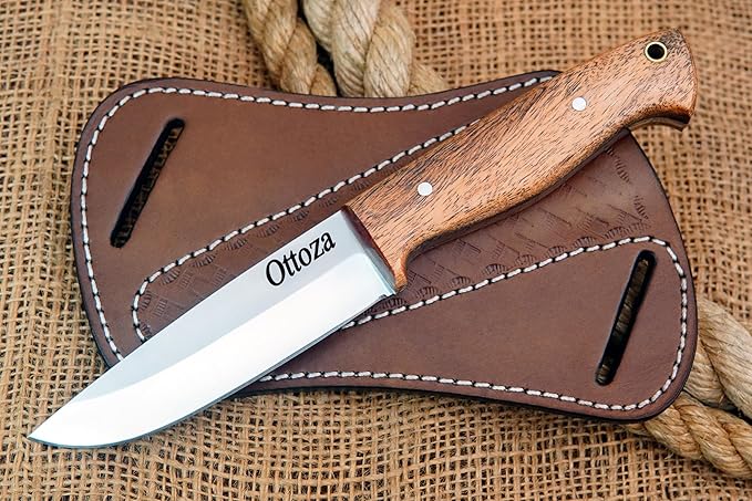 Ottoza Full Tang Bushcraft Knife with 1095 Carbon Steel Fixed Blade - Survival and Outdoor Camping Knife - Musket Wood Handle Brown Leather Sheath 402