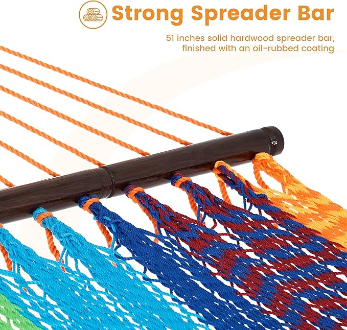 Lazy Daze Hammocks 10.5 FT Double 2 Person Caribbean Rope Hammock Hand Woven Polyester Hammock with Spreader Bars for Outside Outdoor Backyard Patio Poolside 450 LBS Capacity Multicolor