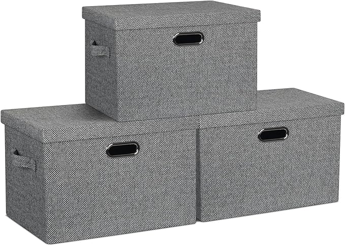 Graciadeco Large 17 36 Quart Collapsible Stackable Storage Bins with Lids 3 Packs Black and White Mix Linen Fabric Closet Boxes with Lids Storage Cube Baskets Container Organizers (17x12x11)