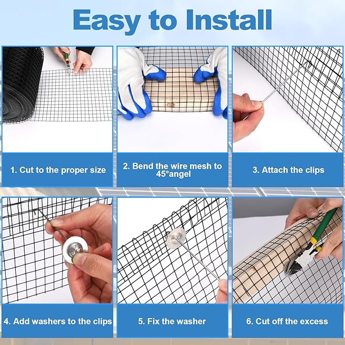 INCIKITI Critter Guard for Solar Panel Bird-Guard 6in x 100ft PVC Coated Pigeon Netting 1/2 Bird Mesh with 100 Fastener Clips 20 Tie Wire Cutting Scissor Gloves Pigeon Solar Panel Mesh for Bird