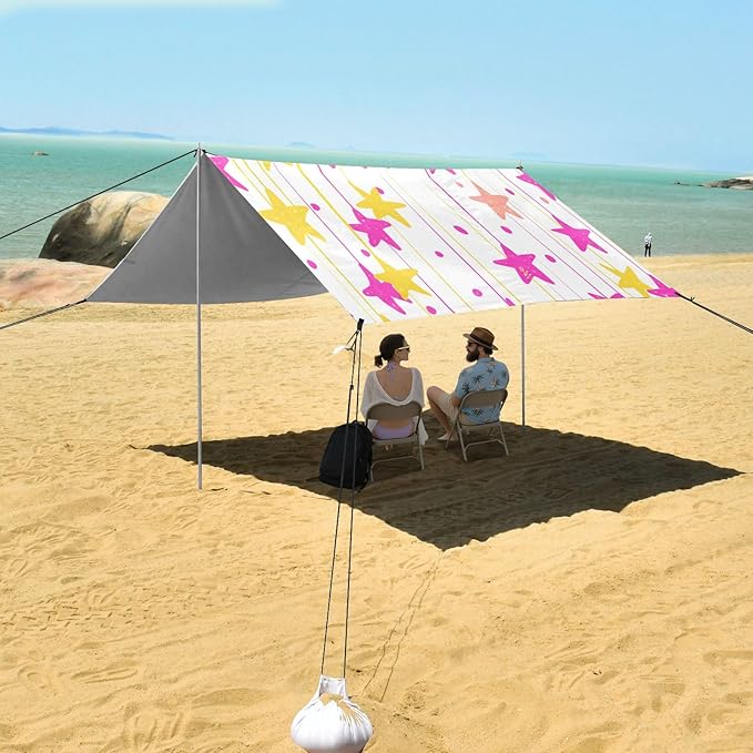 xigua Stars Beach Tent Sun Shelter with Carrying Bag - Silver Coated Oxford Fabric Beach Canopy for Beach Camping Fishing - Includes Windproof Ropes Sandbags &amp Stakes