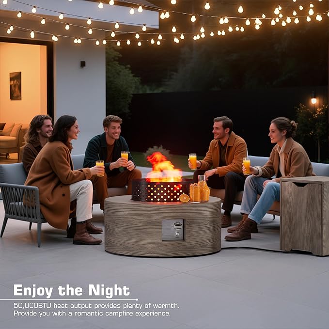 2-Piece 30 Round Propane Fire Pit for Outside Patio with Hidden Tank Table 50000 BTU Fireplaces with Wind Guard Lid Glass Rocks Cover(Wood Grain Walnut)
