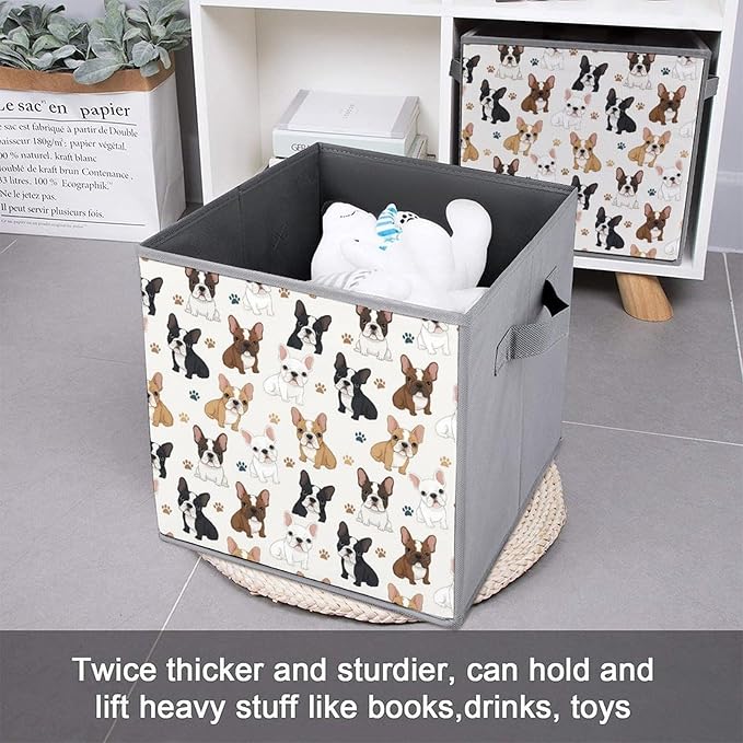 Collapsible Cube Storage Organizer with Handles Cute French Bulldog Foldable Fabric Bin for Shelves Perfect for Closet Bathroom Kids' Room &amp Nursery