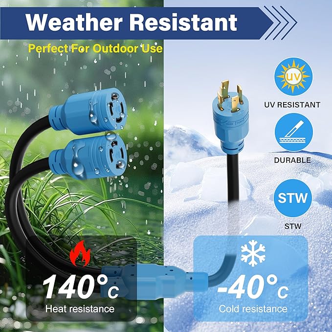 4 Prong 30 Amp Generator Y Splitter Locking Adapter Cord 3 Ft NEMA L14-30P to (2) L14-30R Power Converter Plug 10/3 AWG SJTW Outdoor 125/250V for Manual Transfer Switch Outages RV CamperETL-Blue