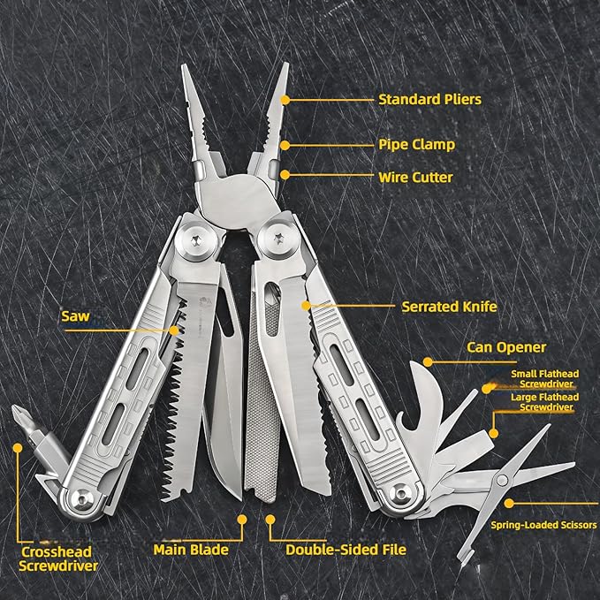 Multitool 12-in-1 Full-Size Lightweight EDC Multi-Purpose Pliers Nylon Bag Tactical Gear Camping Knives &amp Tools Gift Ideas for Men Gifts for Hunters Men who have Everything (Silver)