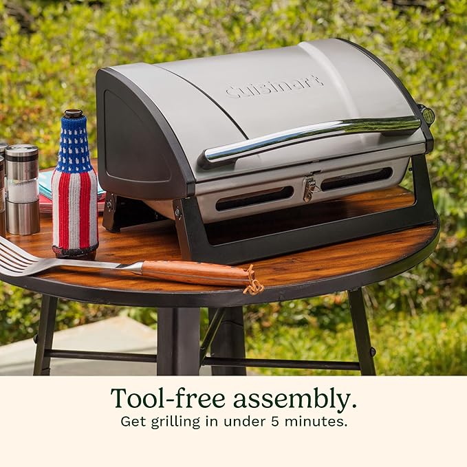 Cuisinart Grillster Portable Gas Grill Stainless Steel Compact BBQ Grill with Locking Lid for Easy Transport 8000 BTU Propane Grill with Dishwasher Safe Cooking Grate Small Grill for Camping &amp
