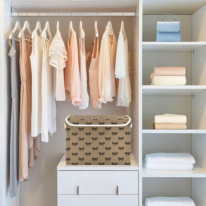 Storage Bins With Lid Stackable Fabric Closet Organizer Clothing Storage Large Boxes For Closet Shelves Bedroom Brown Textured Bow
