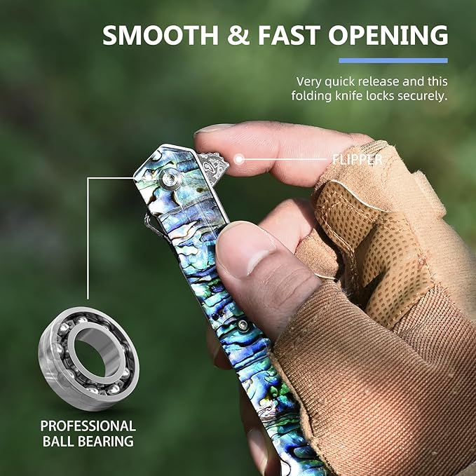 Damascus Pocket Knife 8.97 Tanto Folding Knife Handmade Forged VG10 Core 67-Layer Damascus Steel with Abalone Seashell Handle Leather Sheath