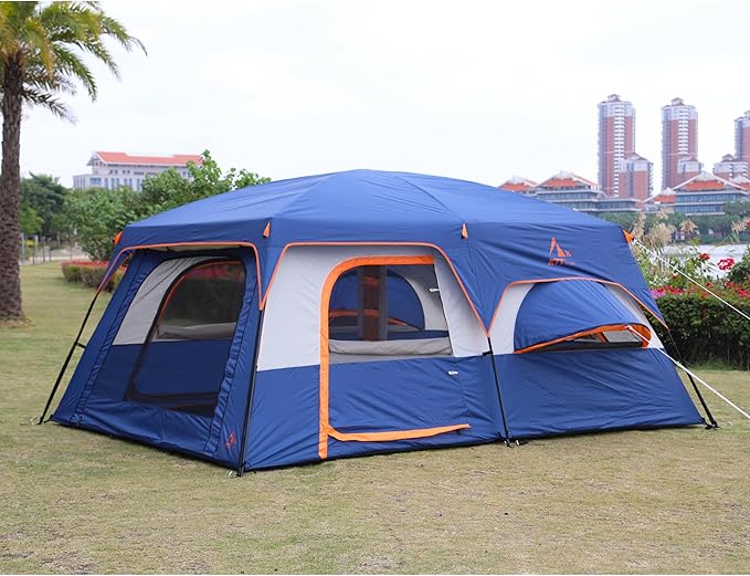 KTT Extra Large Tent 10-12-14 Person(B)Family Cabin Tents2 Rooms3 Doors and 3 Windows with MeshStraight WallWaterproofDouble LayerBig Tent for OutdoorPicnicCampingFamily Gathering