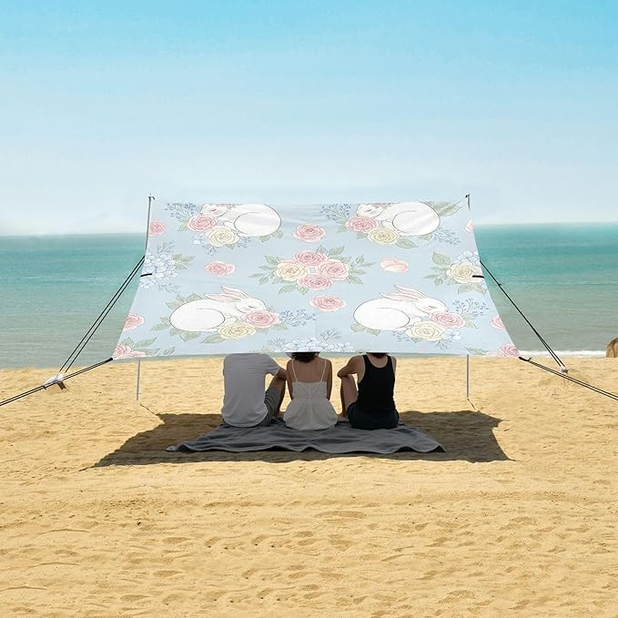 Bunny Beach Canopy Sun Shelter with Sandbags &amp Sand Shovel &amp Windproof Ropes - Portable 110x126 Beach Shade Beach Tent for Camping Picnics