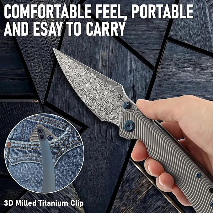 KANSEPT Fenrir Pocket Knife 3.48 Damascus Blade with Flipper and Thumb Stud Frame Lock for Camping Outdoor with Beadblasted Titanium Handle and Micro-Milled Water Ripple Texture K1034C4