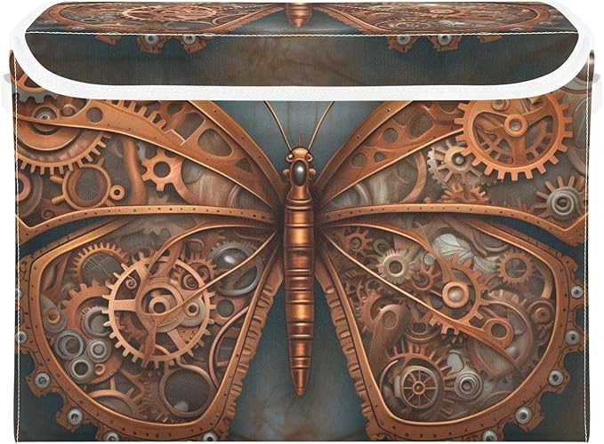 Steampunk Butterfly Storage Cube with Lid Collapsible Flip-top locker Fabric Storage Bins Basket with Handle for Home Bedroom Closet Office 16.5×12.6×11.8 in