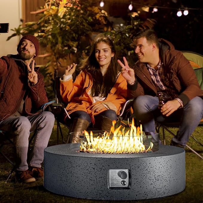 COSIEST 42 inch Outdoor Propane Fire Pit Coffee Table w Concrete Round Base Patio Heater Certified 50000 BTU Stainless Steel Burner Free Lava Rocks Rain Cover Wind Guard Tank Cover Gray
