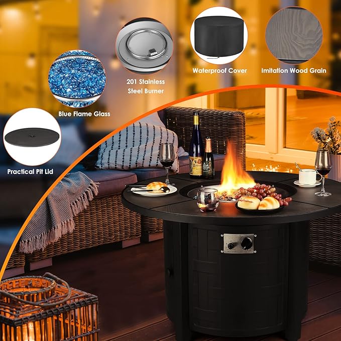 TLGREEN Propane Fire Pit Table 42 Inch Round – 50000 BTU Outdoor Fire Pit with Lid Converts to Patio Coffee Table Certified Includes Waterproof Cover &amp Blue Fire Glass