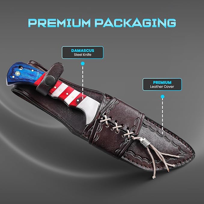 10 Damascus Hunting Knife with Gut Hook Fixed Blade Knife with Sheath American Flag Handle Full Tang Fixed Blade Knife Tactical Survival Knife for Men Damascus Steel Knives Camping Outdoor Field