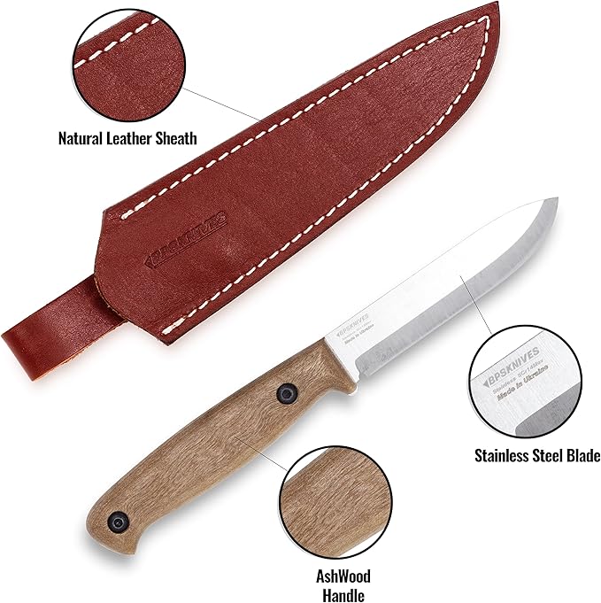 BPSKNIVES BS1FT SSH - Full-Tang Fixed-Blade Knife - Sharp Stainless Steel Bushcraft Knife With Sheath - Survival Compact Knife - Tactical Outdoor Camp Knives
