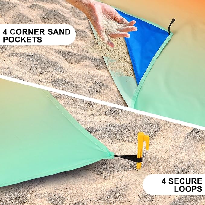 WIWIGO Beach Blanket Waterproof Sandproof Beach Mat 79 X 83/10'x9'for 2-8 Adults Quick Drying Outdoor Picnic Mat Beach Accessories for Travel Camping Hiking