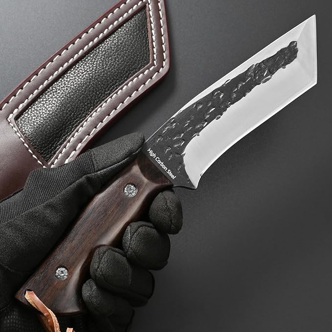 Gtkii GTK43 Fixed Blade Knife High Carbon Steel Hand Forged Blade Full Tang Rosewood Handle Fix Knifes for Camping Hunting Collection with Leather Sheath