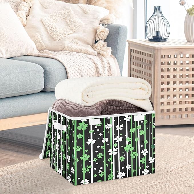 Christmas Storage Baskets with Lids Shamrock Stripes Collapsible Bins Stackable Fabric Linen Baskets Closet Organizer Container 16.5x12.6x11.8