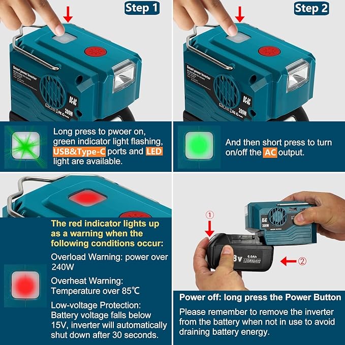 DC 18V to AC 110V Power Inverter Compatible with Makita 18V Battery 200W Portable Modified Sine Wave Power Inverter Converter with LED Light USB and Type-C Port(No Battery)