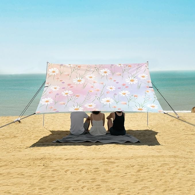 xigua Wildflowers Beach Tent Sun Shelter with Carrying Bag - Silver Coated Oxford Fabric Beach Canopy for Beach Camping Fishing - Includes Windproof Ropes Sandbags &amp Stakes