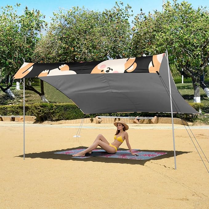 ALAZA Corgi Flower Heart Pattern Beach Tent Sun Shelter Portable Canopy Sunshade for Outdoor Camping Picnics Backyard Fun 10x9 ft