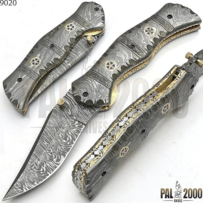 PAL 2000 KNIVES FPK-9020 Custom Handmade Damascus Steel 7.4 Inch Folding Pocket Knife Damascus Handle with Sheath
