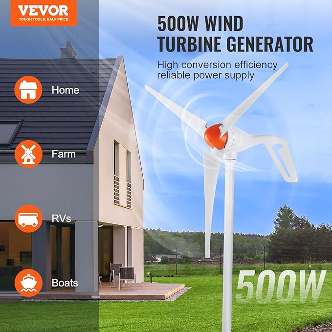 VEVOR 500W Wind Turbine Generator 12V Wind Turbine Kit with MPPT Controller 3-Blade Wind Power Generator with Adjustable Windward Direction 2.5m/s Start Wind Speed for RVs Boats Home Farm