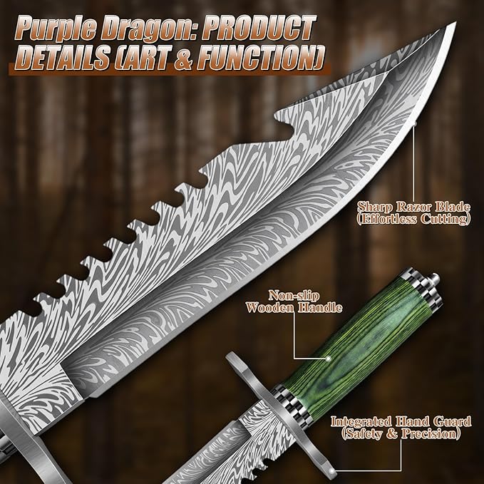 Purple Dragon Damascus Camping Knife &amp Japanese Tanto with Sheaths
