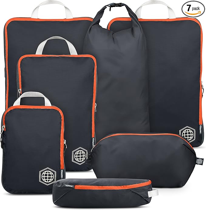 Large Compression Packing Cubes for Travel-Packing Cube Luggage Organizers 7 Piece Set for Checked Luggage-Ultralight Expandable/Compression Bags by TRIPPED Travel Gear (Grey/Orange)