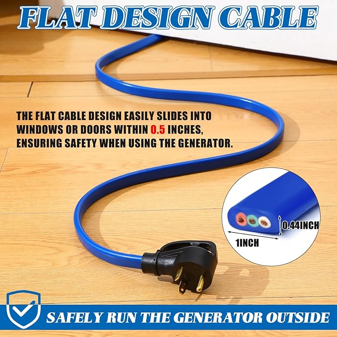 Tellegloww 35 FT Flat RV Generator Adapter Cord NEMA TT-30P to 3X 5-20R/5-15R 30A to 110V 15/20 A Household Outlet Adapter 10 Gauge Flat RV Generator Extension Cord ETL Listed Blue