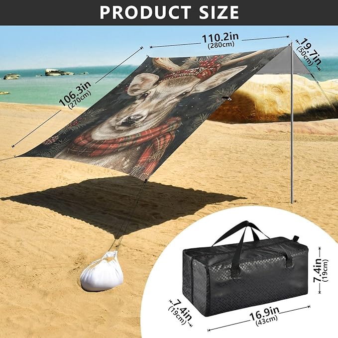 ALAZA Marry Christmas Deer Beach Tent Sun Shelter Portable Canopy Sunshade for Outdoor Camping Picnics Backyard Fun 10x9 ft